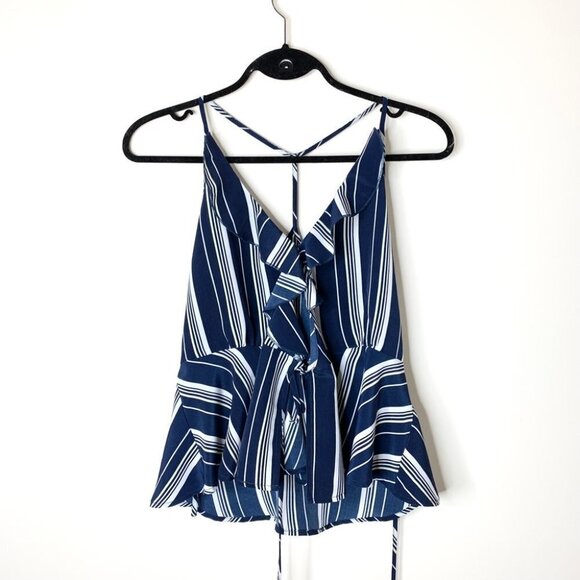Women's Y2k 2000s Urban Heritage Tank Top Striped Cropped Ruffle T-strap Back - Picture 3 of 14